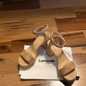 Larroude Woven Tan Block Heel Sandals